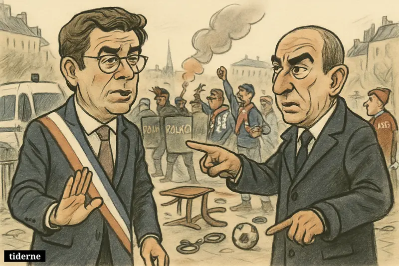 Caricature of Paris officials before police and football fans as a PSG celebration erupts into arrests and street disorder.