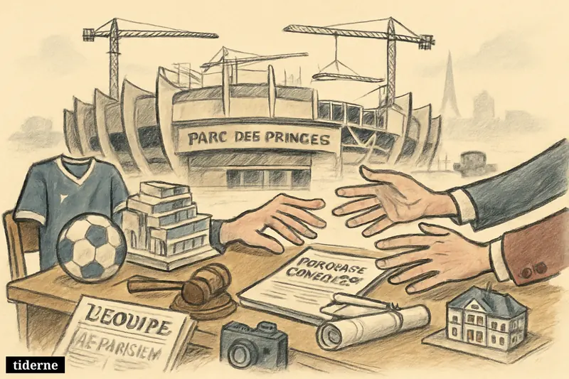Caricature of Parc des Princes as stadium sale talks resume, with football and city negotiation props at tables before expansion cranes.