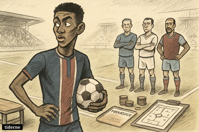 A young footballer in a Paris-style kit looks ready to leave while three rival club scouts watch from the touchline. (AI-genereret illustration)
