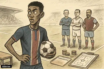 A young footballer in a Paris-style kit looks ready to leave while three rival club scouts watch from the touchline. (AI-genereret illustration)