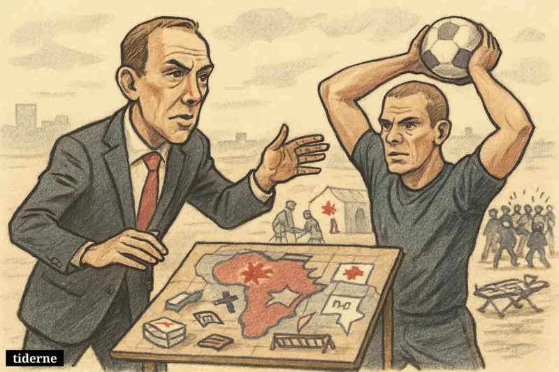 Caricature of Arne Slot and Thomas Grønnemark leading a chaotic scene mixing Ebola response, football unrest in France, and rescue efforts.