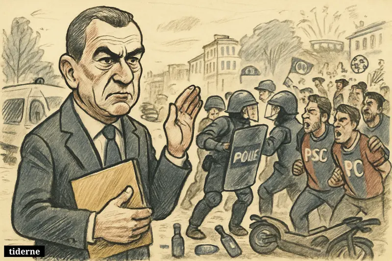 Laurent Nuñez stands before riot police clashing with PSG fans on a blocked Paris street with arrests, barriers, and football celebration turning violent.