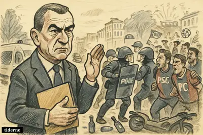 Laurent Nuñez stands before riot police clashing with PSG fans on a blocked Paris street with arrests, barriers, and football celebration turning violent.
