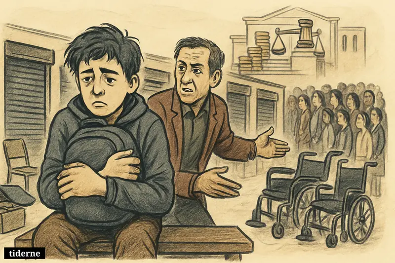 A worried teenager and parent face shuttered youth support centers while an overcrowded psychiatry clinic and municipal budget symbols loom behind.