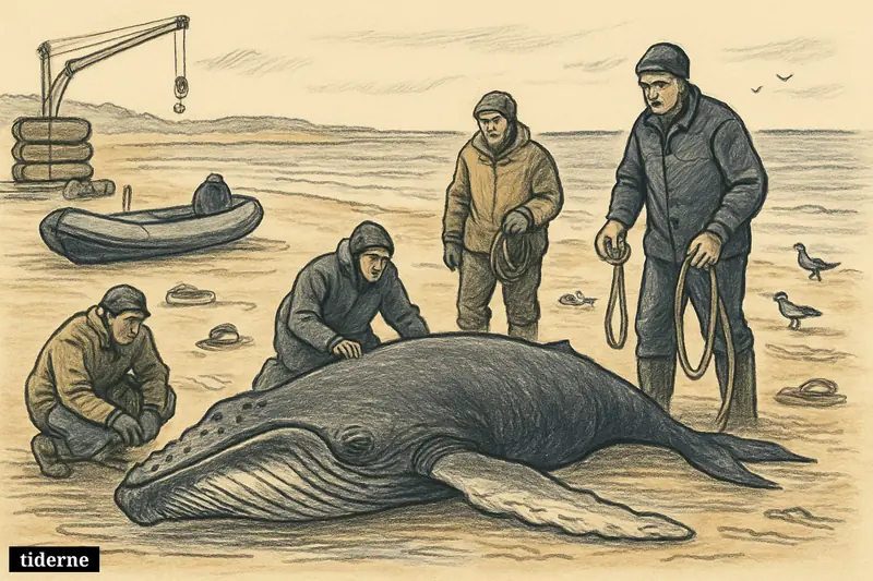 A stranded young humpback whale on a shoreline, surrounded by concerned rescue workers, boat gear, and remnants of a failed rescue effort.