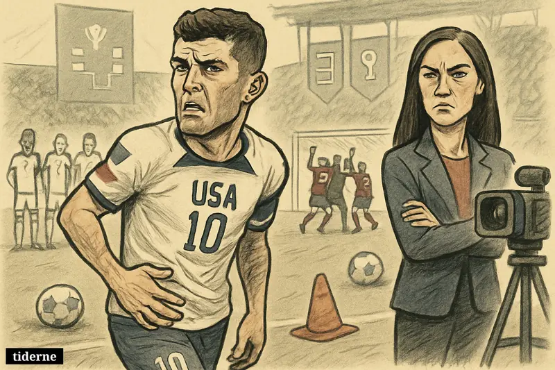 Christian Pulisic limps off the pitch as dejected USA teammates linger and Belgium celebrates, while a stern pundit watches from the sideline. (AI-genereret illustration)