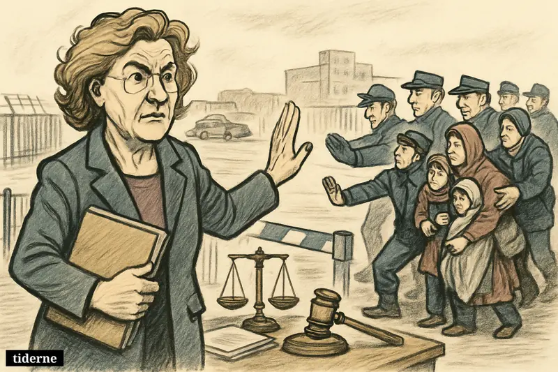 Charlotte Slente confronts border guards at an EU-style checkpoint as refugee families wait beside legal justice symbols and fenced barriers.