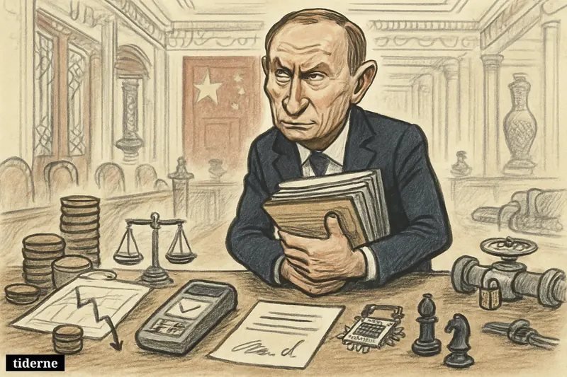 Caricature of Vladimir Putin in a Beijing meeting hall clutching agreements while locked technology, finance obstacles, and sanctions symbols remain out of reach.