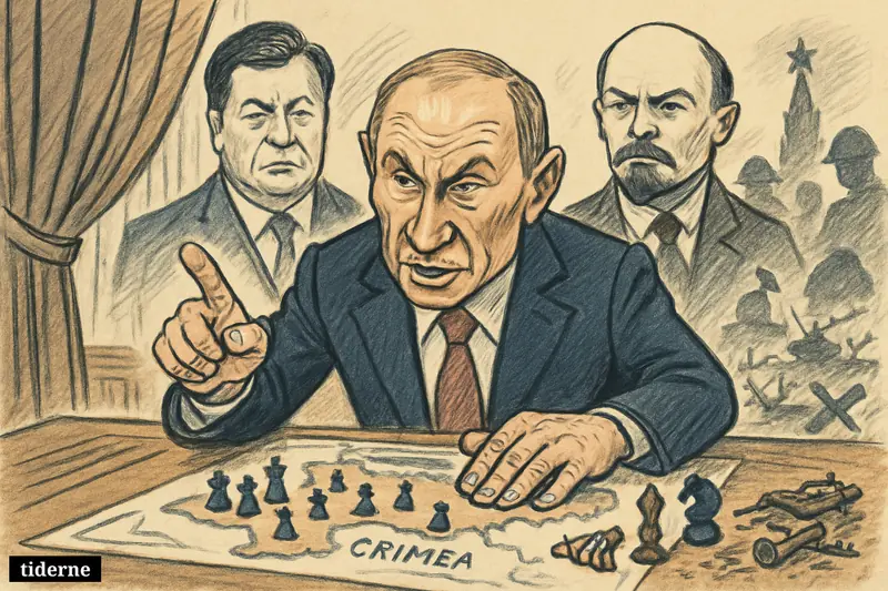 Putin at a desk over a war map, with Yanukovych and Lenin looming behind as history and pressure close in around him.