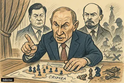 Putin at a desk over a war map, with Yanukovych and Lenin looming behind as history and pressure close in around him.