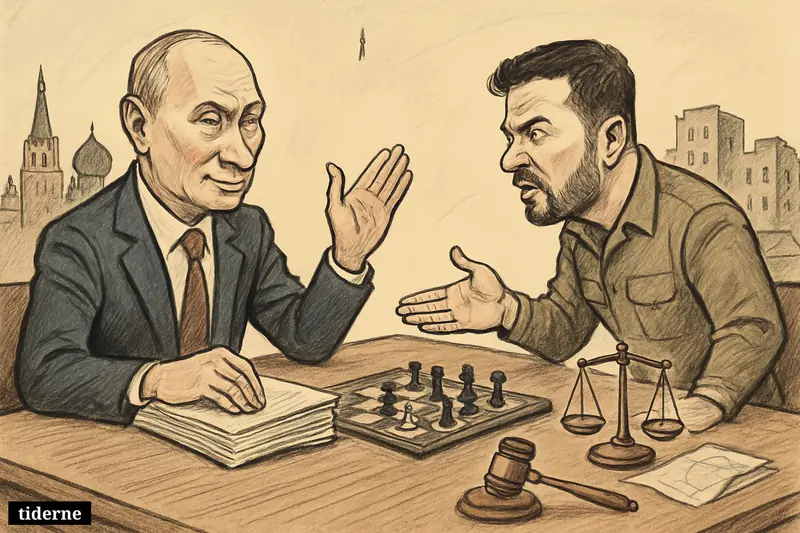 Putin and Zelenskyj face off across a long negotiation table with chess pieces, legal symbols, Kremlin imagery, and war damage behind them.