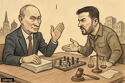 Putin and Zelenskyj face off across a long negotiation table with chess pieces, legal symbols, Kremlin imagery, and war damage behind them.
