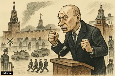 Caricature of Vladimir Putin on a Moscow parade platform, addressing a reduced military procession under heavy security in Red Square.