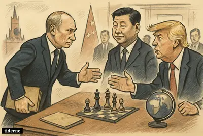 Putin approaches Xi for a tense summit handshake while Trump leans in nearby, with chess pieces and a globe on a conference table.