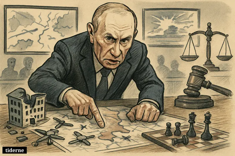 Caricature of Vladimir Putin in a command room, pointing at a battle map amid drones, a damaged building model, and conflict symbols.