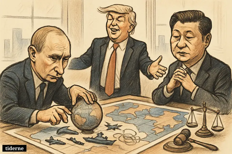 Caricatures of Putin, Trump, and Xi around a strategy table with maps, chess-like military pieces, and tense great-power diplomacy.