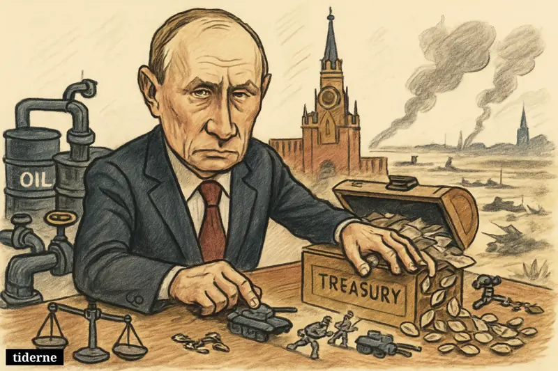 Caricature of Vladimir Putin at a Kremlin desk using overflowing state money and energy income to drive war machinery toward the front.