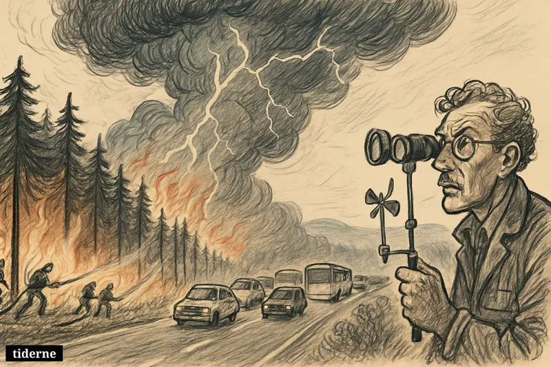 Wildfire engulfs a forest as evacuees flee by road, firefighters battle flames, and a giant pyroCb storm cloud rises overhead. (AI-genereret illustration)