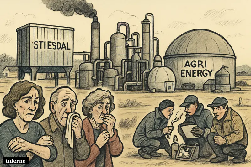 A caricature of a rural pyrolysis plant under inspection as worried residents react to suspected emissions near fields and homes.