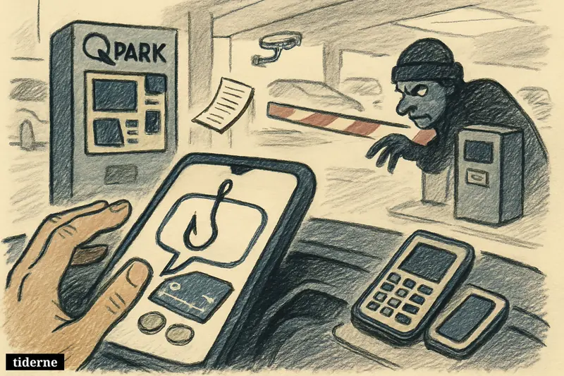 A parking garage scene with a suspicious phone message, a hesitant driver, payment kiosk, barrier, and lurking thief symbolizing SMS parking scams.