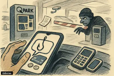 A parking garage scene with a suspicious phone message, a hesitant driver, payment kiosk, barrier, and lurking thief symbolizing SMS parking scams.