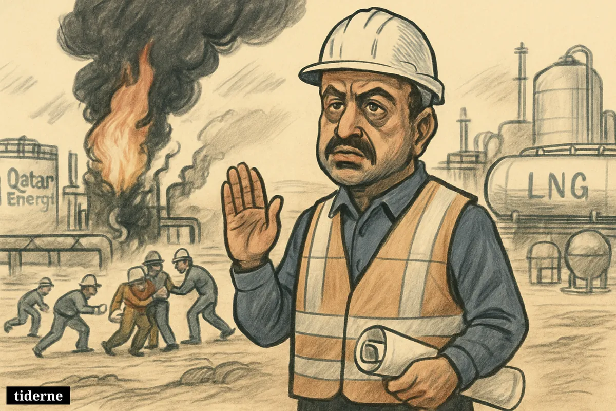 Caricature of Saad Sherida al-Kaabi at a damaged gas plant, with workers responding to an explosion and intact export infrastructure behind him.