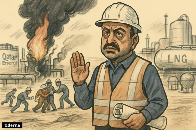 Caricature of Saad Sherida al-Kaabi at a damaged gas plant, with workers responding to an explosion and intact export infrastructure behind him.