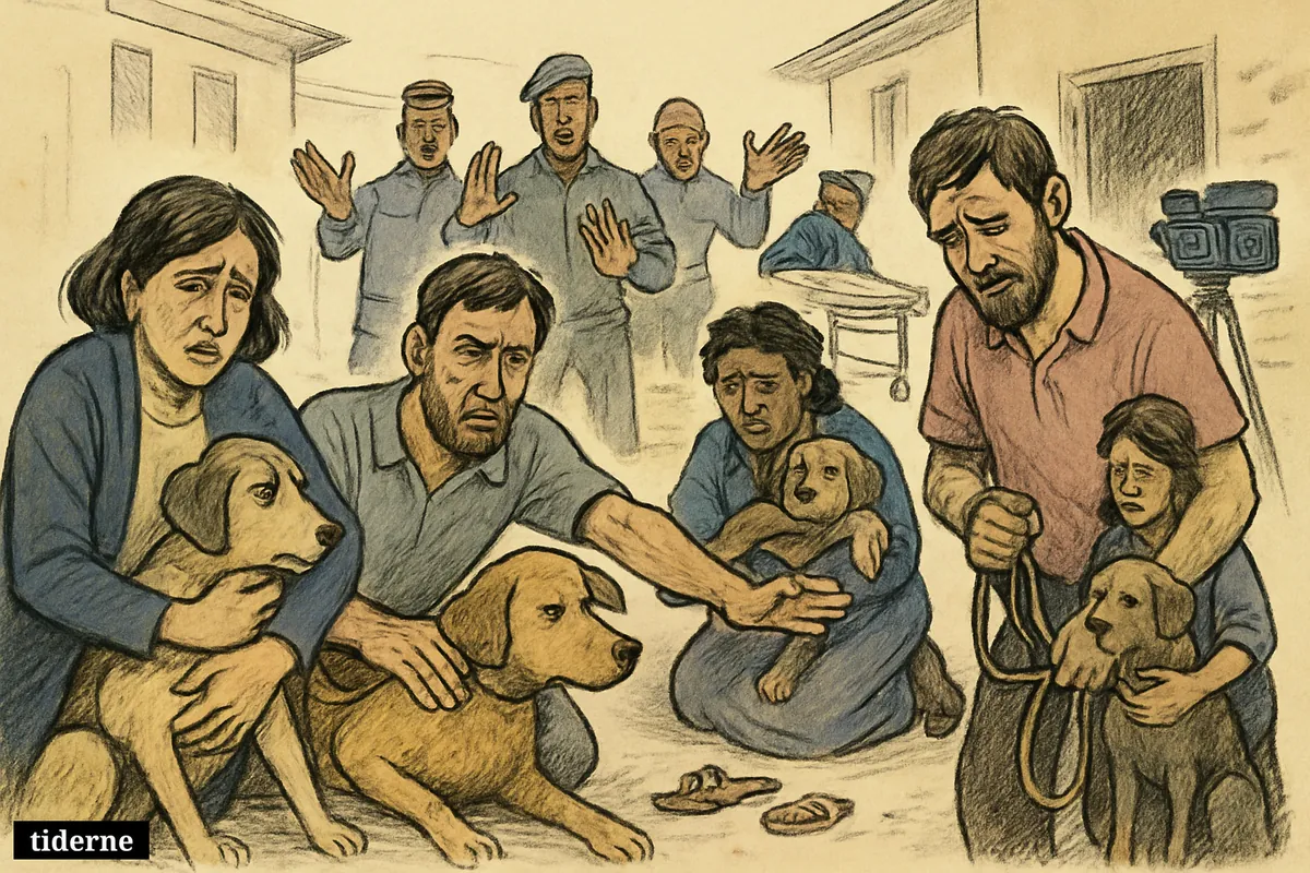 Distressed residents in an Ethiopian town protect their dogs while local enforcers pressure them on a tense street.