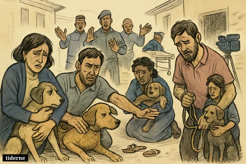 Distressed residents in an Ethiopian town protect their dogs while local enforcers pressure them on a tense street.