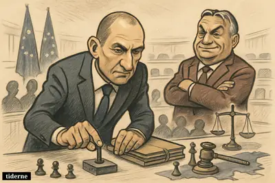 Rumen Radev leans over a Brussels table with a brake lever while Viktor Orbán stands behind, watched by uneasy EU officials.