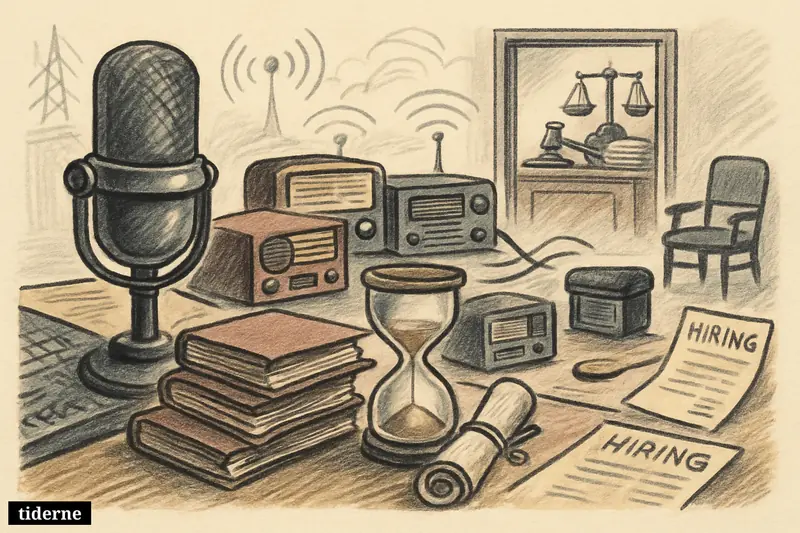 A radio studio packed with microphones, radios, contracts, and legal symbols, showing commercial broadcasters pushing for license extensions amid uncertainty.