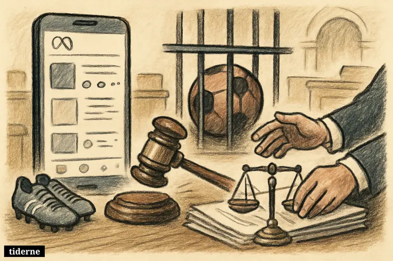 A courtroom scene with a social media phone, gavel, appeal papers, scales, and a football trapped behind jail bars.
