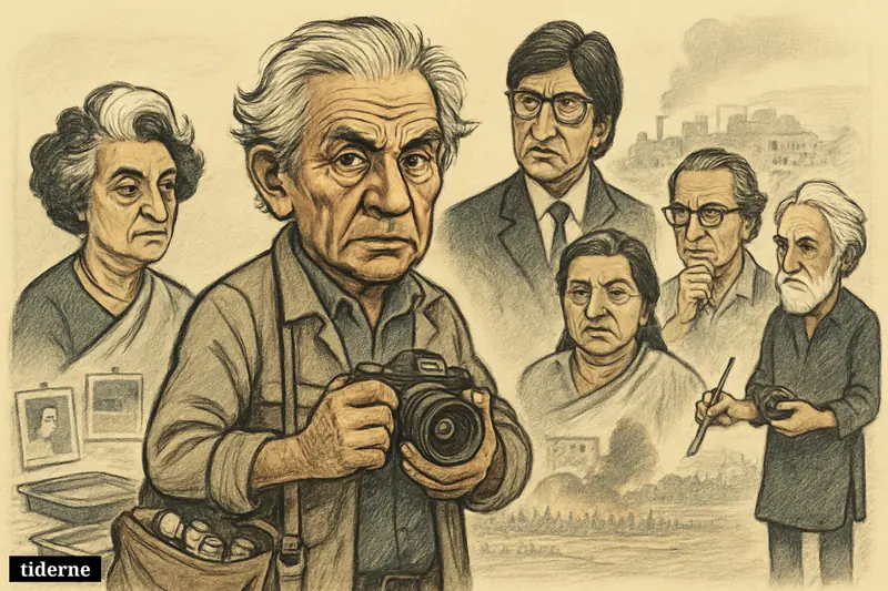 Caricature of Raghu Rai holding a camera, surrounded by major Indian cultural figures and a fellow photographer amid images of history and journalism.
