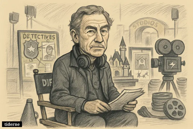 Caricature of TV director Ralph W. Hemecker seated on a quiet soundstage, surrounded by props evoking crime, fantasy, sci-fi, and superhero series. (AI-genereret illustration)