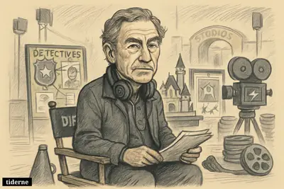Caricature of TV director Ralph W. Hemecker seated on a quiet soundstage, surrounded by props evoking crime, fantasy, sci-fi, and superhero series. (AI-genereret illustration)