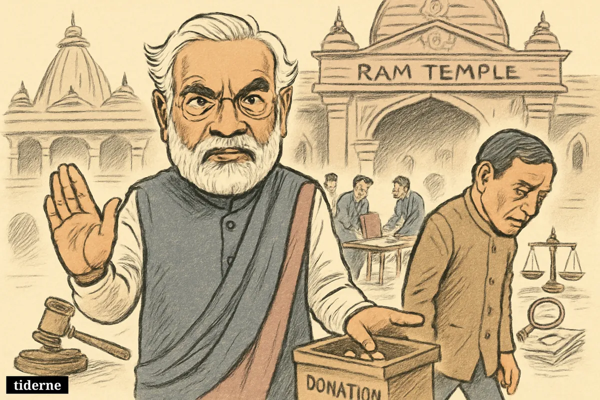 Caricature of Narendra Modi outside the Ram temple as trustees reshuffle leadership near an open donation box and investigation symbols.