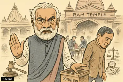 Caricature of Narendra Modi outside the Ram temple as trustees reshuffle leadership near an open donation box and investigation symbols.