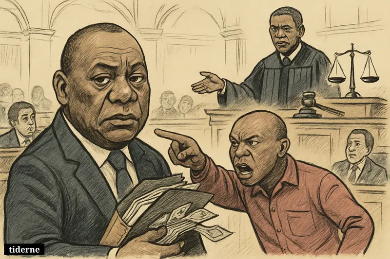 Caricatures of Cyril Ramaphosa under pressure in parliament, Julius Malema accusing him, and judge Sandile Ngcobo overseeing the ruling.