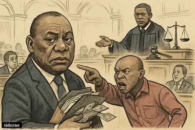 Caricatures of Cyril Ramaphosa under pressure in parliament, Julius Malema accusing him, and judge Sandile Ngcobo overseeing the ruling.