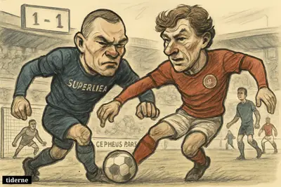 Two exaggerated football players battle for the ball in a tense opening-match stadium scene, with teammates and a goalkeeper behind them. (AI-genereret illustration)