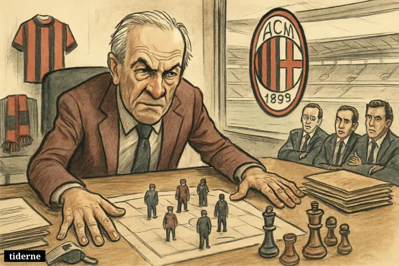 A stern football executive dominates a club boardroom, moving coach figurines on a tactics table as nervous directors sit opposite near AC Milan symbols.