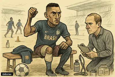 Raphinha sits on a training bench clutching his injured thigh as a physiotherapist treats him on a football pitch.