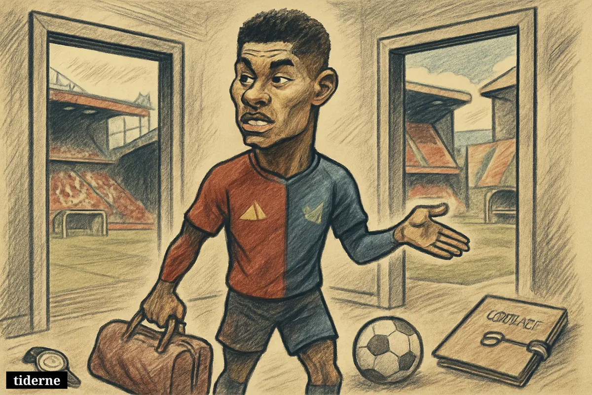 Marcus Rashford stands in a stadium tunnel between Manchester and Barcelona pathways, holding a bag as contract deadline symbols hint at a transfer decision.