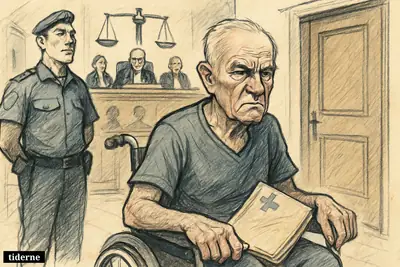 An elderly Ratko Mladić caricature in a wheelchair faces a stern tribunal scene with judges, scales, a gavel, and a guard.