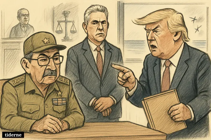 Raúl Castro at a courtroom table faces Donald Trump’s accusation, with Miguel Díaz-Canel behind and two planes breaking apart over water outside.