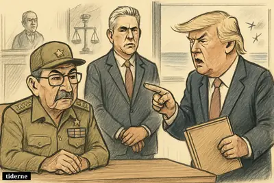 Raúl Castro at a courtroom table faces Donald Trump’s accusation, with Miguel Díaz-Canel behind and two planes breaking apart over water outside.