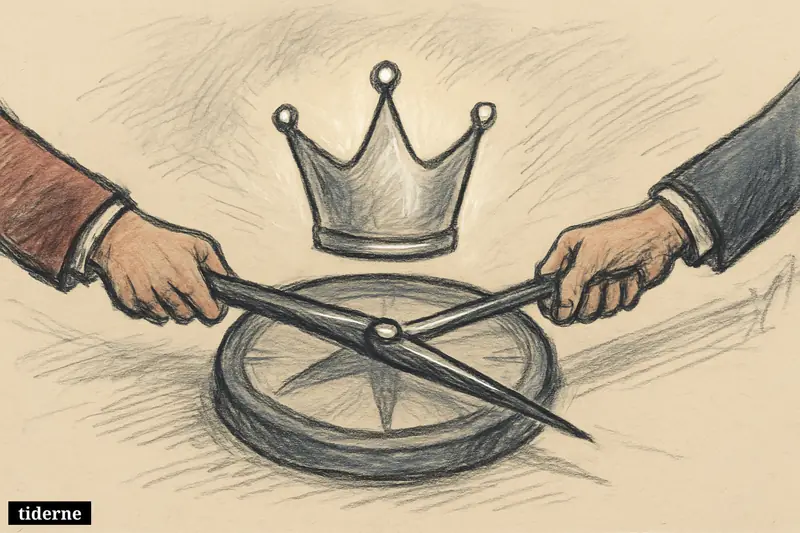 A luminous silver crown tugs a metallic compass needle between two shadowy magnetic poles on a black background (AI-genereret illustration)