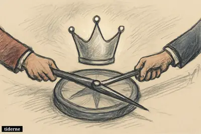 A luminous silver crown tugs a metallic compass needle between two shadowy magnetic poles on a black background (AI-genereret illustration)