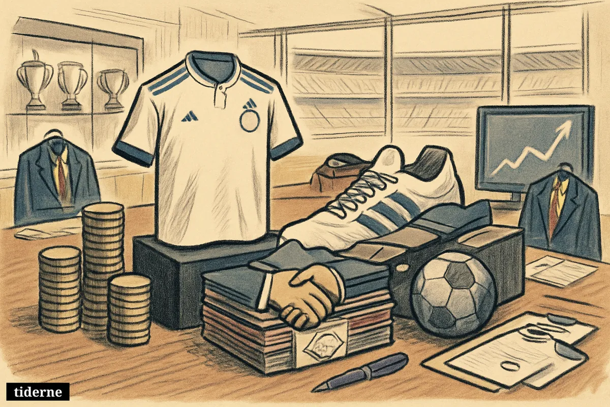 A football jersey and sports shoes dominate a boardroom scene with contracts, coins, charts, and a stadium beyond.