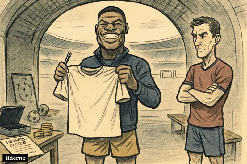 A caricature football transfer scene shows Denzel Dumfries presenting a blank shirt in a stadium tunnel while a rival right-back watches nearby.